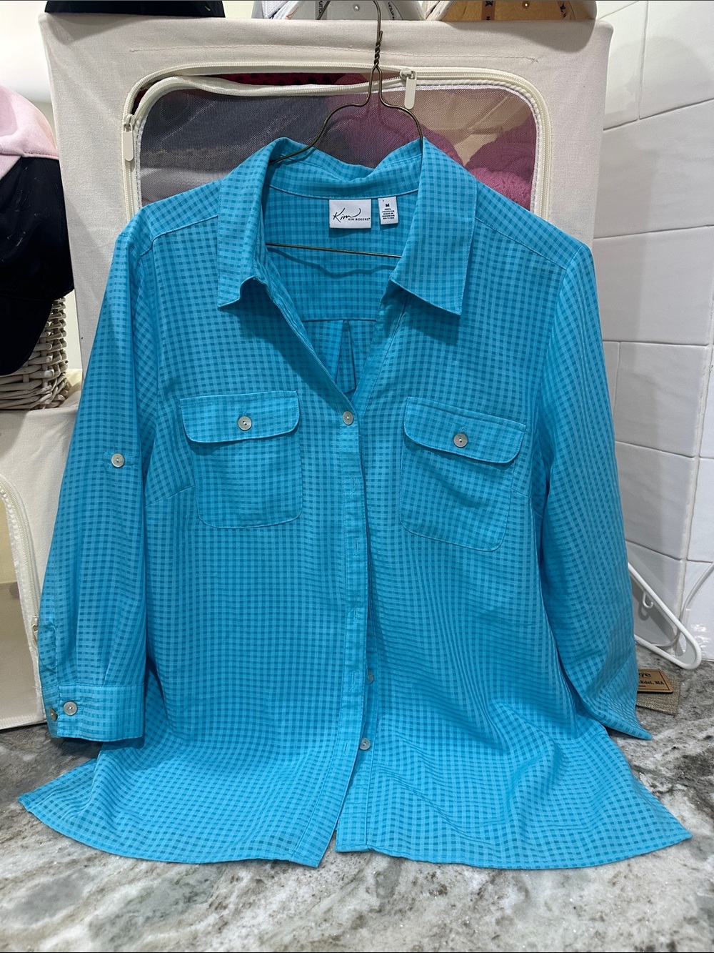 Kim Rogers Blue Turquoise check Button-Front Long Sleeve Shirt